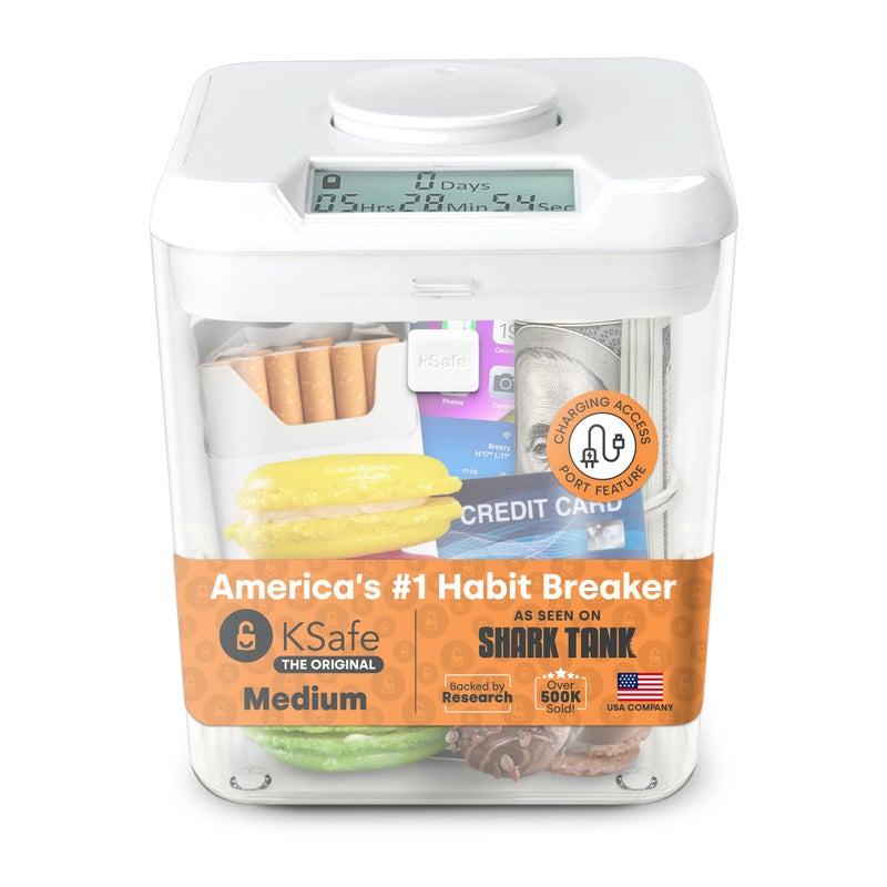 Kitchen Safe kSafe Time Locking Container Medium â€“ Phone Lock Box, Snack Safe, Self-Control Timer Box, BPA-Free Plastic, No Overrides, 5.5â€ W x 5.5â€ H, White Lid, Clear Base - Image 1